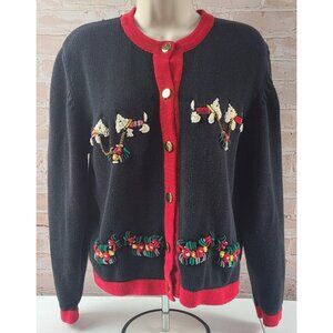 The Eagle's Eye Black Red Cardigan Sweater Scottish Dogs Flowers Women's Large
